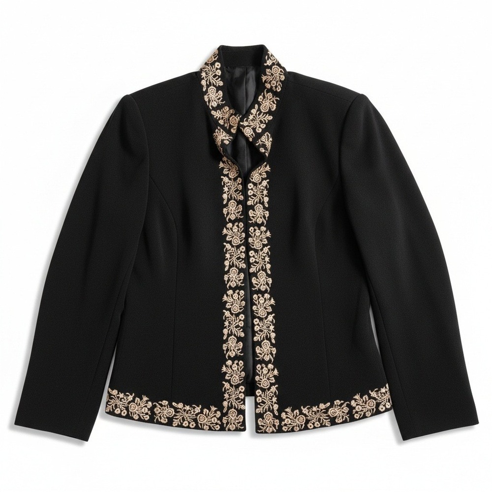 Jessica Howard Womens Black Floral Embroidered Open Front Blazer Jacket Size 8